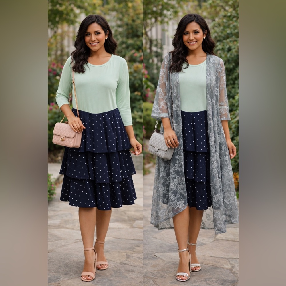 LULAROE Mint Green duster with Navy Polka Dot Tiered  Dress